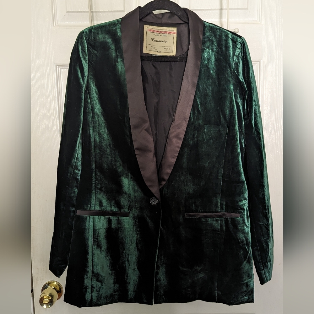 Anthropologie Green Velvet Tuxedo Coat